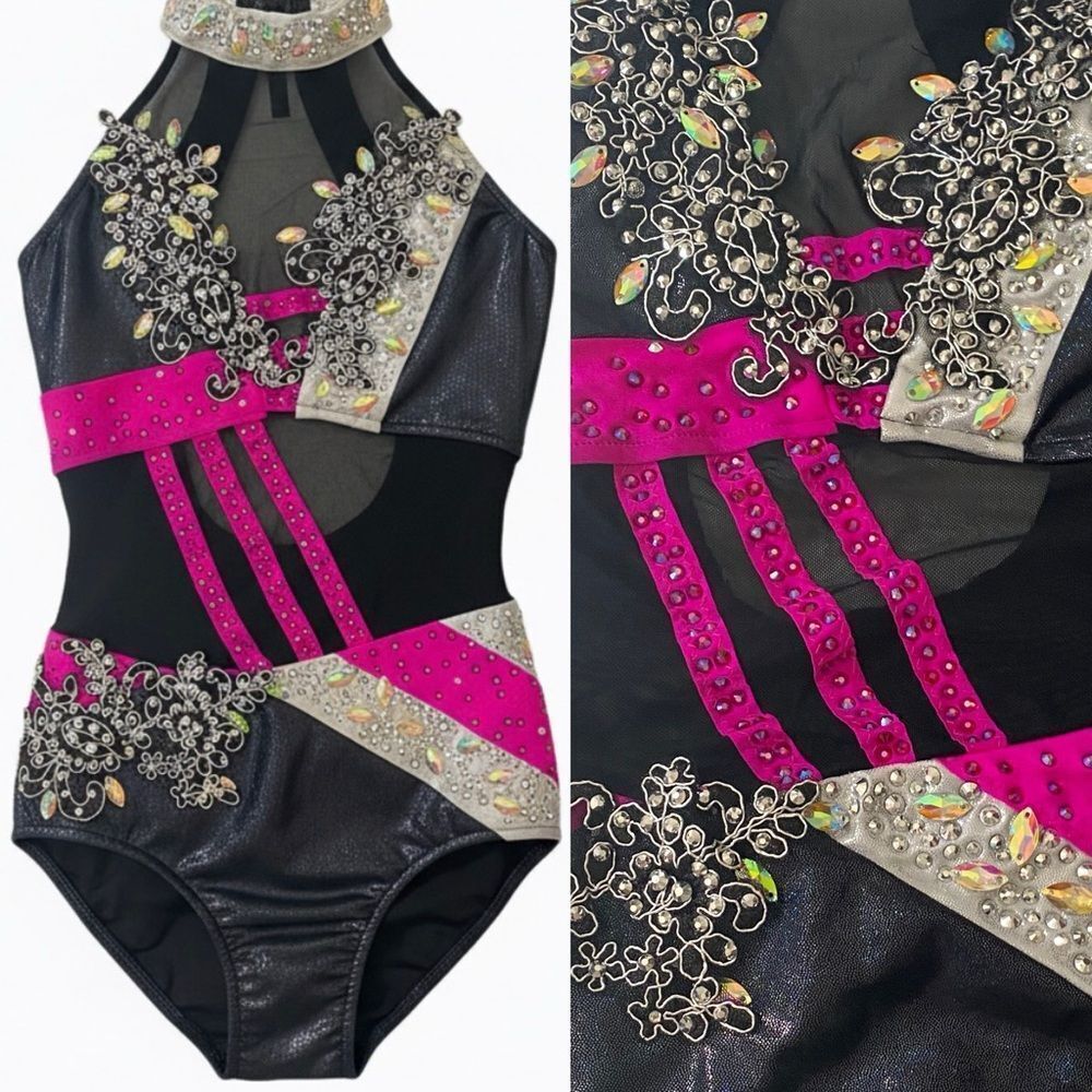 Glamour competition, solo dance costume hot pink black sassy jazz bling LC child